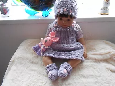 Hand Knitted Lilac Dress Set 5pce.. Baby Girl 0-3mth/reborn 19-22   .NEW • £16.99