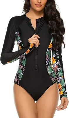 Ruuione Women’s One Piece Long Sleeve Surfing Front Zip Swimsuit Black L UK12 • £14