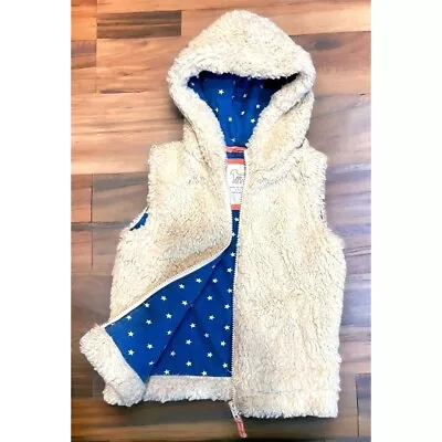Mini Boden Girls Tan Beige Full Zip Hooded Sherpa Faux Fur Teddy Vest 3-4Y • $20.18