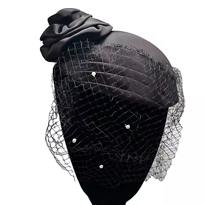 Vintage Black Satin Fascinator Hat Birdcage Veil Rosette Faux Pearl • $37.99