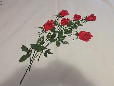 VINTAGE CALIFORNIA HANDPRINTS LONG-STEMMED RED ROSES TABLECLOTH 51x44  Ribbons • $25