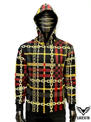 New Mens Black Slim Fit Hoodie Sweatshirt Gold Chains Red Plaid Rhinestones • $39.99