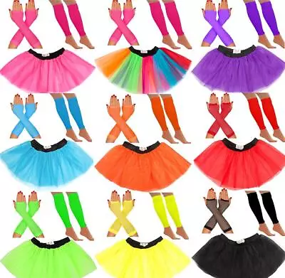 80s NEON FANCY DRESS TUTU SKIRTS NEON LEG WARMERS FISHNET GLOVES HEN PARTY SETS • £6.49