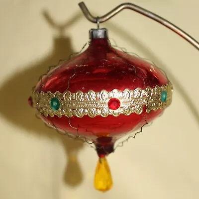 Vintage Red Mercury Glass Ornament Crinkly Wire Rhinestones Citrine Dangler • $10.95