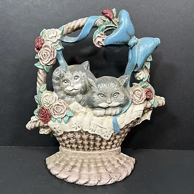 Midwest Cast Iron Two Gray Cats In Basket Blue Gray & White Doorstop • $29.95