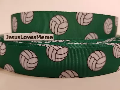 Grosgrain Ribbon White Volleyballs On Green Volleyball Sports Team Spirit 7/8  • $1.25