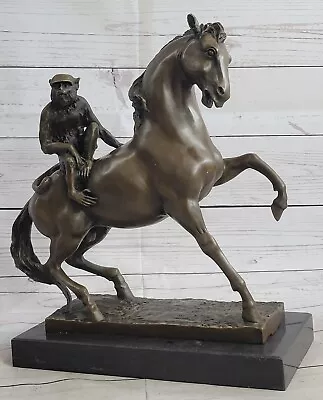 Monkey Riding On Horseback Real Bronze Sculpture Statue Art Decor On Marble Base • $349