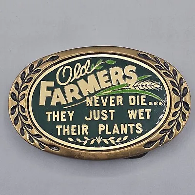 Vintage Old Farmers Never Die Belt Buckle Solid Brass Oval Green Enamel 1980s • $19.99