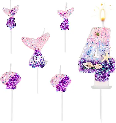 Mermaid Number Candles 6Pcs Mermaid Cake Topper Shell Sequins Numeral Candle Pi • $9.40