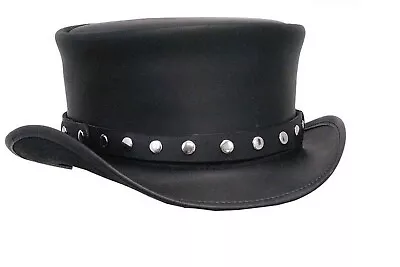 TOP HAT Black Leather Steampunk / Biker Top Hat Made With A Rivet Trim Leather • $82.10