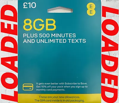 Ee Sim Card Nano Micro Standard Loaded 8gb 500 Mins £10 Pack Bargain Package • £8.99