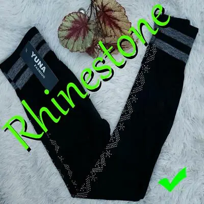 Rhinestone Pattern Leggings Christmas Solid Black Snowflake CRYSTAL BLING K8 • $12.95
