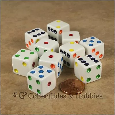 NEW 10 White With Multicolor Pips 6 Sided RPG Bunco Game Dice Set 16mm D6  • $4.99