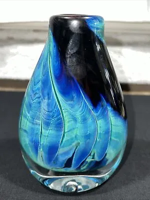 Vintage Murano Art Glass Vase Blue Black & Green Signed • $129