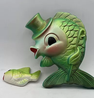 Vintage 1969 Miller Studio Green Mr Fish And Baby Chalkware Wall Decor • $9.99