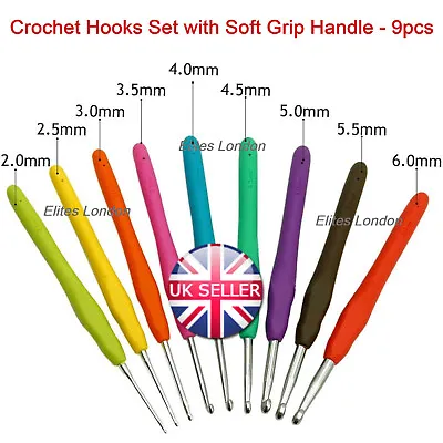 £5.99 • Buy 9Pcs Crochet Hooks Set Soft Grip Handles Knitting Needles Multi Color Aluminium 