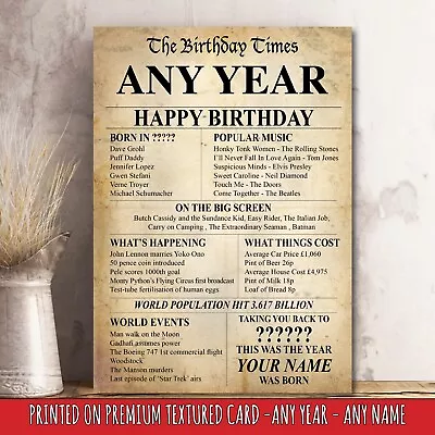 £4.31 • Buy 40th 50th 60th Birthday Present Poster Print Back In This Day ANY Year Age Gift 