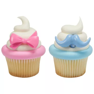 New Baby Shower Cake Toppers Bows And Mustache Cupcake Rings Gender Reveal • $2.99