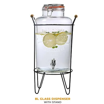 8L Glass Vintage Beverage Drinks Dispenser On Metal Stand Cocktail Jar With Tap • £24.85