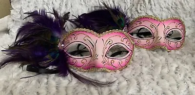 Masquerade Mardi Gras Eye Mask With Peacock Feathers And Jewel Set Of (2) • $30
