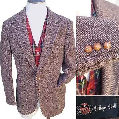 Vintage Red Brown Tweed Mens 42R Herringbone Sport Coat Hacking Hunting Wool • $50.04