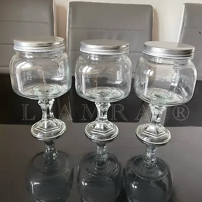 £15.50 • Buy Tea Coffee Sugar Glass Storage Jars Silver Lids Footed Glass Candy Sweet Jars