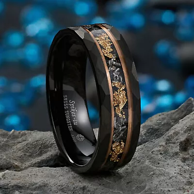 8mm ATOP Plated Stripe 24K Gold Foil & Meteorite Tungsten Mens Wedding Band • $20.99