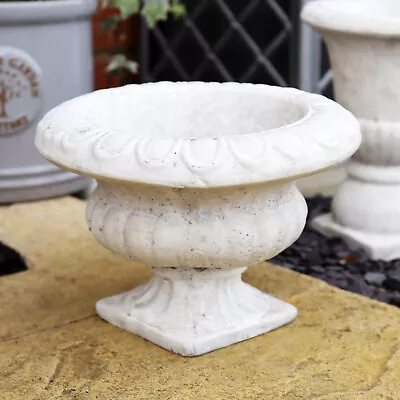 Cement Urn Planter Distressed White Classic Short Wide Garden Flower Vase Pot • £20