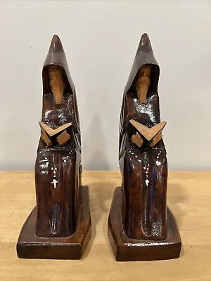 Pair Hand Carved Wood Monk Priest Friar Bookends Vintage Wooden Mexico Set Of 2 • $39.99