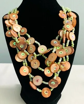 JOAN RIVERS 18  Green 5 STRAND CORAL DISC BUTTON NECKLACE Bead 3  Extender • $14.99