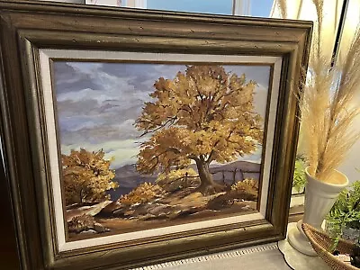 Vintage Artwork Signed Fall Tree Ranch Fence Landscape Art Painting Wood Frame • $45.45