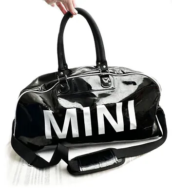 BMW MINI Cooper Black Patent Vinyl Duffle Gym Travel Overnight Bag Red Interior • $28