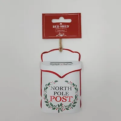 Red Shed North Pole Post Christmas Ornament Metal White Tree Hanging Mailbox • $8.38