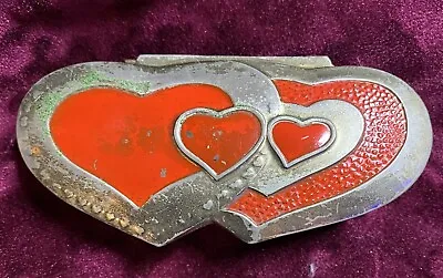 Vintage Red Double Heart Jewelry Trinket Box Red Velvet Lined Patina Japan • £17.36