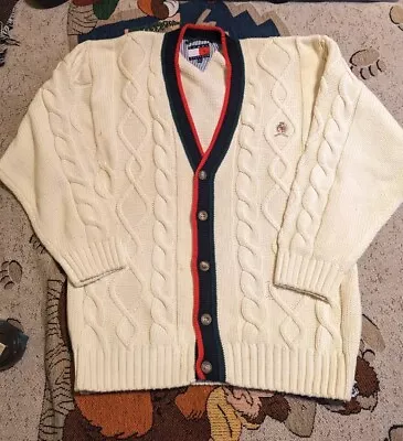 Vintage 90s Tommy Hilfiger Cardigan Knit Varsity Sweater Mens XL  Preppy CREAM • $59.88
