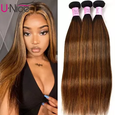 UNice Indian Ombre Brown Balayage Straight 3 Bundles Human Hair Weave Extensions • $38.43