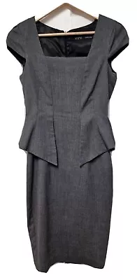 Zara Fitted Peplum Square Neck Grey Smart Office Work Sheath Dress Size XS 6 8 • $14.93