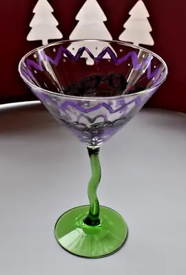 Libbey COURBE Wavy/Bent Emerald Green Stem Large Martini Glass Folk Art Painted • $9.95