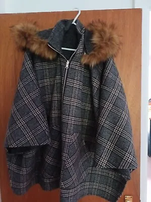 £16.99 • Buy  Faux Fur Trim Hooded Cape Shawl Coat Tweed Style