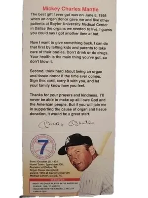 Mickey Mantle VINTAGE Join Micky's Team Organ Tissue Donation Card  YANKEE-HOF • $9.50