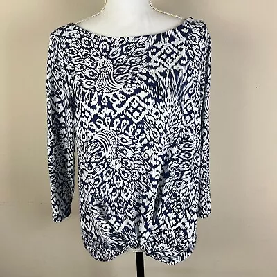 Lilly Pulitzer Maci Top Sz Large Bright Navy Pineapple Party Twist Front Peacock • $30.80