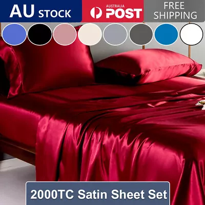 2000TC Silk Satin Sheet Set Flat Fitted Pillowcase Single/Double/Queen/King • $25.22