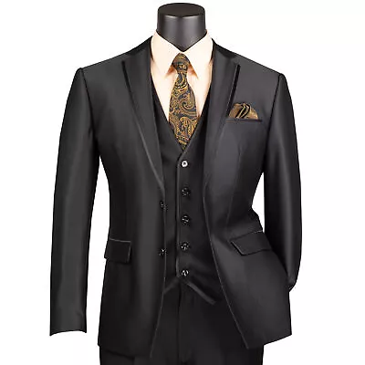 VINCI Men's Black Satin 3-Piece 2-Button Slim-Fit Suit - NEW • $150