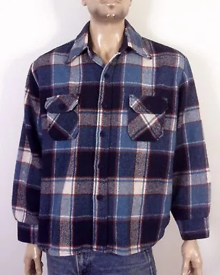 Vintage 60s 70s Van Cort BEAUTIFUL Blue Flannel CPO Jacket Shirt Punk Grunge L • $64.79