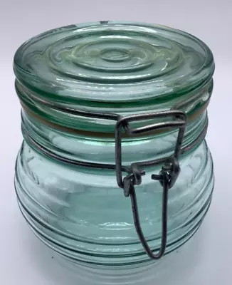 Vintage Beehive Ring Green Glass Storage Jar W/Wire Rubber Seal Canada 4.7” • $14