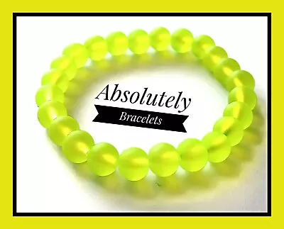 Neon Fluorescent Yellow 8mm Beads Bracelet PARTY RAVE FESTIVAL CRACKLED GLASS • £2.80