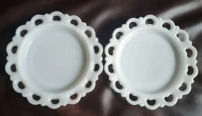 Vintage Anchor Hocking Old Colony Scalloped Open Lace Milk Glass Plates Set Of 2 • $19.49