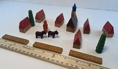 Vintage GERMAN Erzgebirge Putz Wooden Village Farm Miniature House Lot Set Of 15 • $15