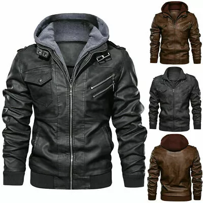 Men’s Casual Stand Collar Leather Zip-Up Motorcycle Bomber Jacket Removable Hood • $50.38