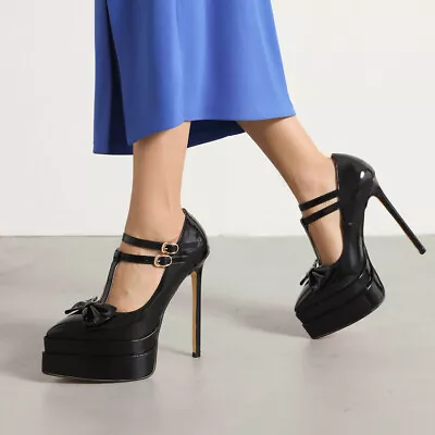 Women Fashion Pointy Toe Bowties T Strap Platform High Heel Mary Jane Shoes Chic • $59.33